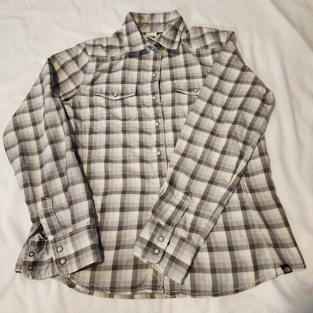 The North Face Gray White Plaid Pearl Snap Shirt Outdoor Casual Layering Top